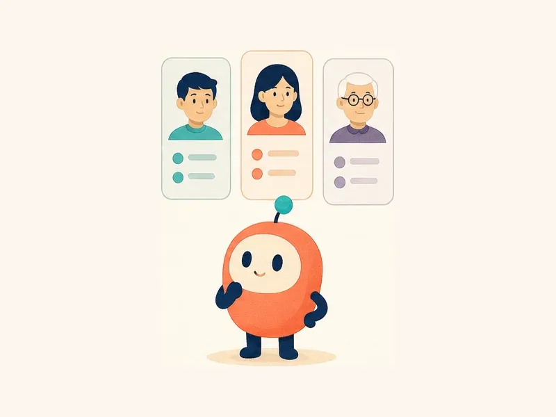 The same app mascot studying audience profile cards for different users