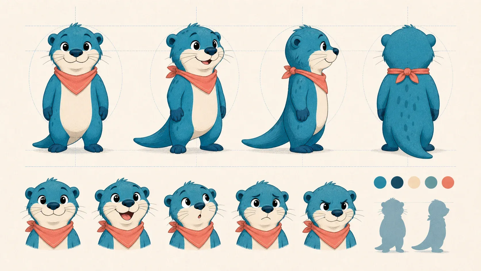 Model sheet for a teal otter mascot showing front, three-quarter, side, and back views plus five facial expressions
