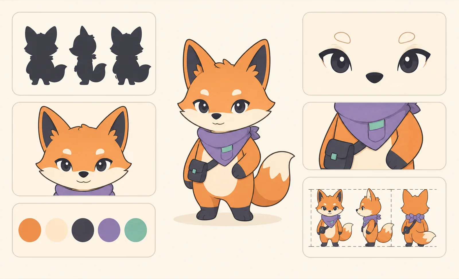 Original fox mascot identity sheet showing a fixed silhouette, face, palette, scarf, satchel, and proportions