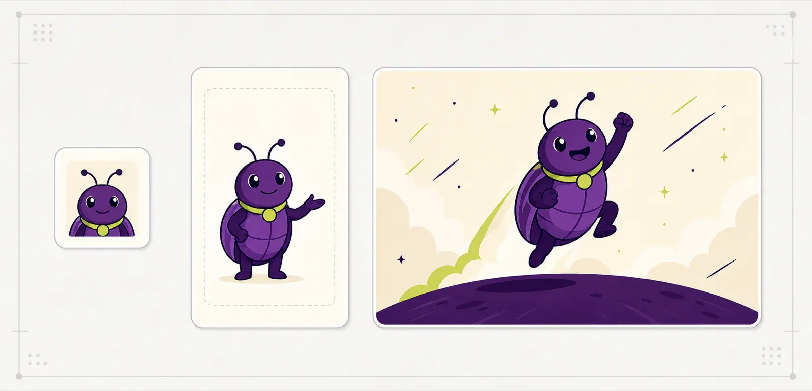 The same purple beetle mascot tested as a small avatar, a product empty state, and a wide launch graphic