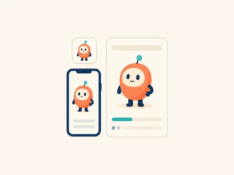 The same app mascot tested inside a small icon, a phone screen, and a large onboarding card