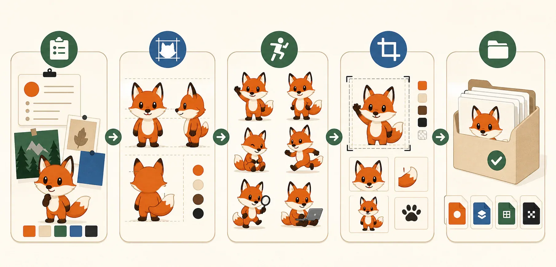 A five-stage mascot toolkit workflow moving from brief and character specification through pose planning, export checks, and organized handoff