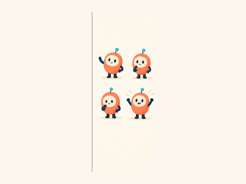 A consistent app mascot shown welcoming, thinking, concerned, and celebrating