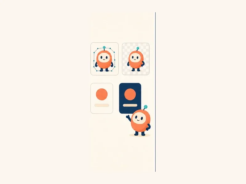 An app mascot organizing vector nodes, transparent assets, and light and dark export cards