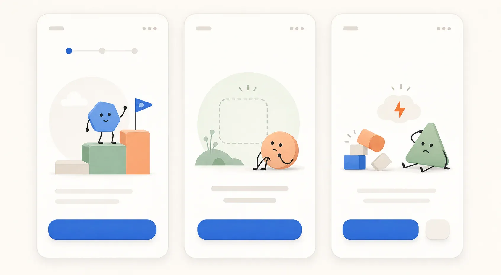 Three app mascot placement patterns showing onboarding guidance, an empty state, and calm error recovery beside clear interface actions