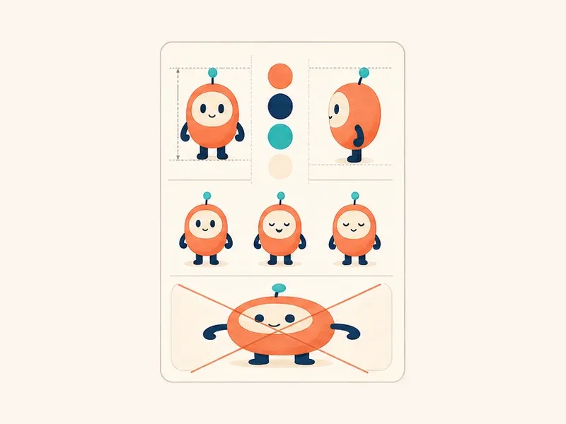 A mascot guidelines board showing approved proportions, colors, expressions, and a crossed-out stretched version